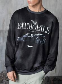 BATMAN X SHEIN Men Letter & Racing Car Graphic Crew Neck Long Sleeve Batmobile Graphic Black Sweatshirt