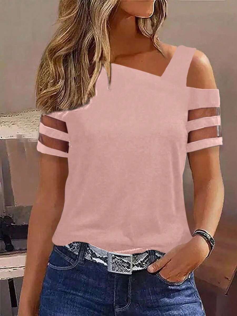 SHEIN LUNE 女士休闲度假不对称肩部短袖网眼拼布 T 恤 - 藕粉色 - 查看 1