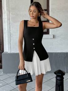 SHEIN PETITE Vestido elegante de mujer con bloqueo de color negro y blanco, sin mangas, con abertura en el bajo y plisado