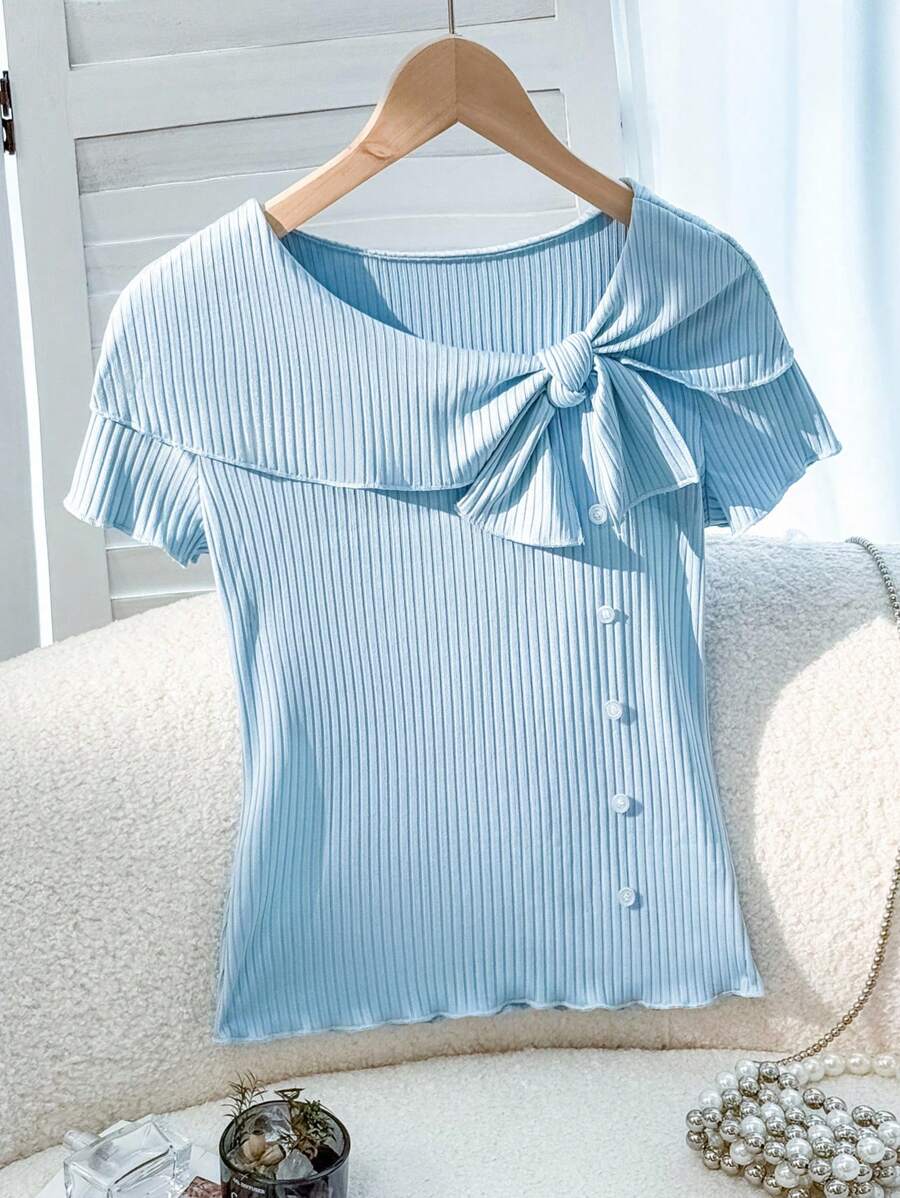 SHEIN CURVE+ 女式加大码夏季扭纹设计纽扣前短袖休闲上衣 - 藍色 - 查看 1