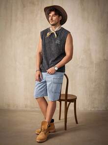 RivetRise 1 件男士休闲多口袋牛仔工装短裤，街头时尚风格，春夏男士浅蓝色牛仔工装短裤，是送给男朋友或丈夫的绝佳礼物。