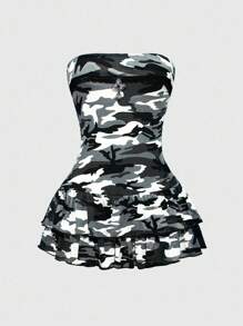 ROMWE J-Fashion Đầm ôm body mini họa tiết rằn ri gợi cảm Y2K dành cho nữ - Xám - Xem 1