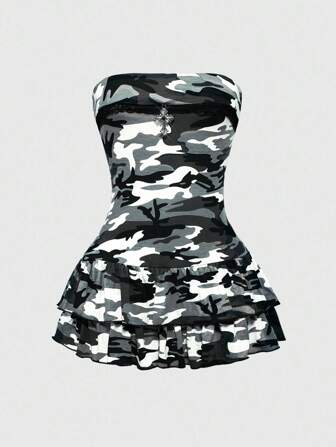 J-Fashion Vestido mini abombado y sexy con estampado de camuflaje, vestido ajustado sin tirantes para mujeres