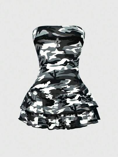 J-Fashion Abito mini aderente senza spalline con maniche a palloncino in stile mimetico Y2K per donne