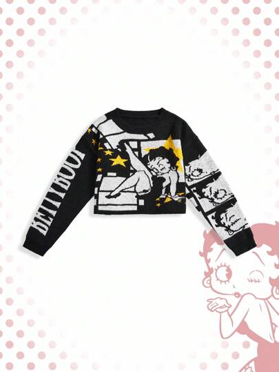 Betty Boop | ROMWE Damen Cartoon Figur Grafik Sexy Rundhals Pullover Strickpullover Herbst Winter