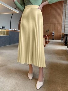 DAZY Chân váy xếp ly chữ A màu trơn dành cho nữ, thanh lịch cho mùa xuân/hè, thu, đông. - Màu Mù tạt vàng - Xem 3