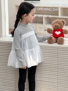 DAZY Young Girls Contrast Color Mesh Long Sleeve Korean Style T-Shirt