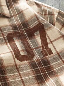 AXEPEAK 大码男士夏季数字格子短袖单排扣休闲衬衫 - 卡其色 - 查看 3