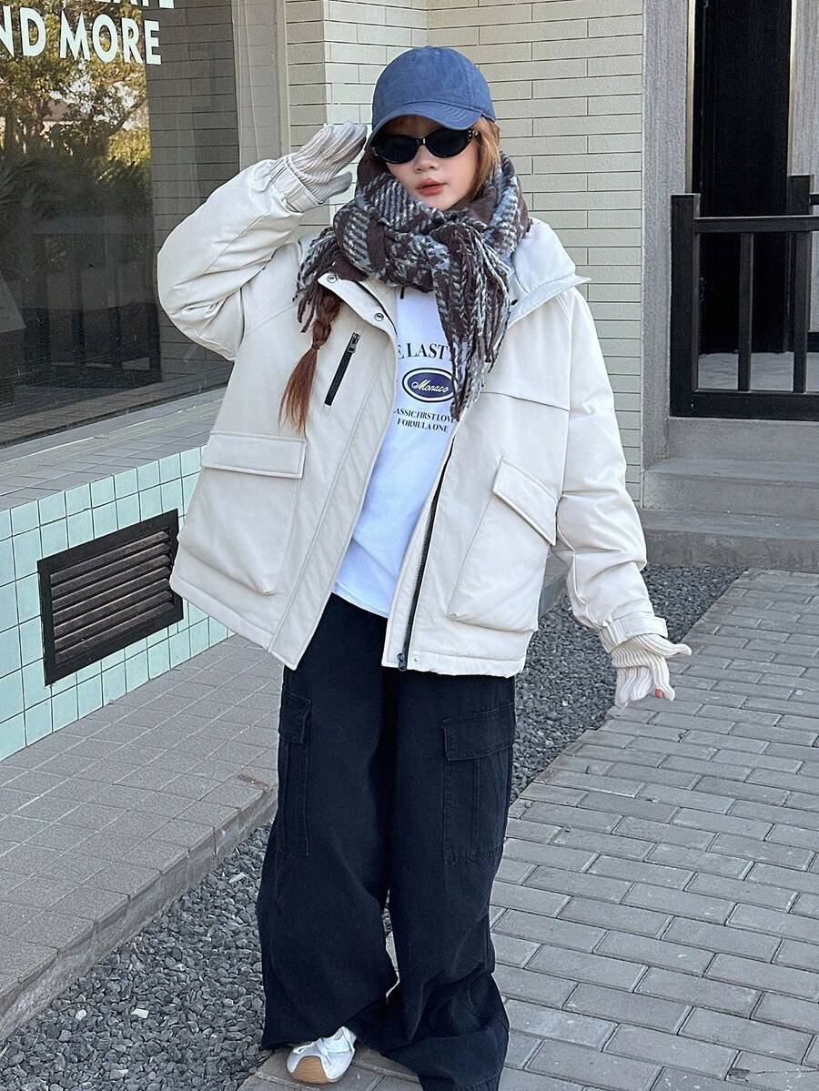 DAZY 少女冬季连帽棉服大衣 - 白色 - 查看 1