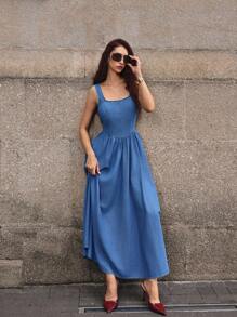 Selenza 女式露背领结无袖长款牛仔连衣裙 - 深色水洗藍 - 查看 7