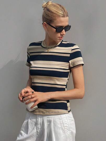 Strévra Camiseta de manga corta ajustada de cuello redondo casual a rayas para mujer