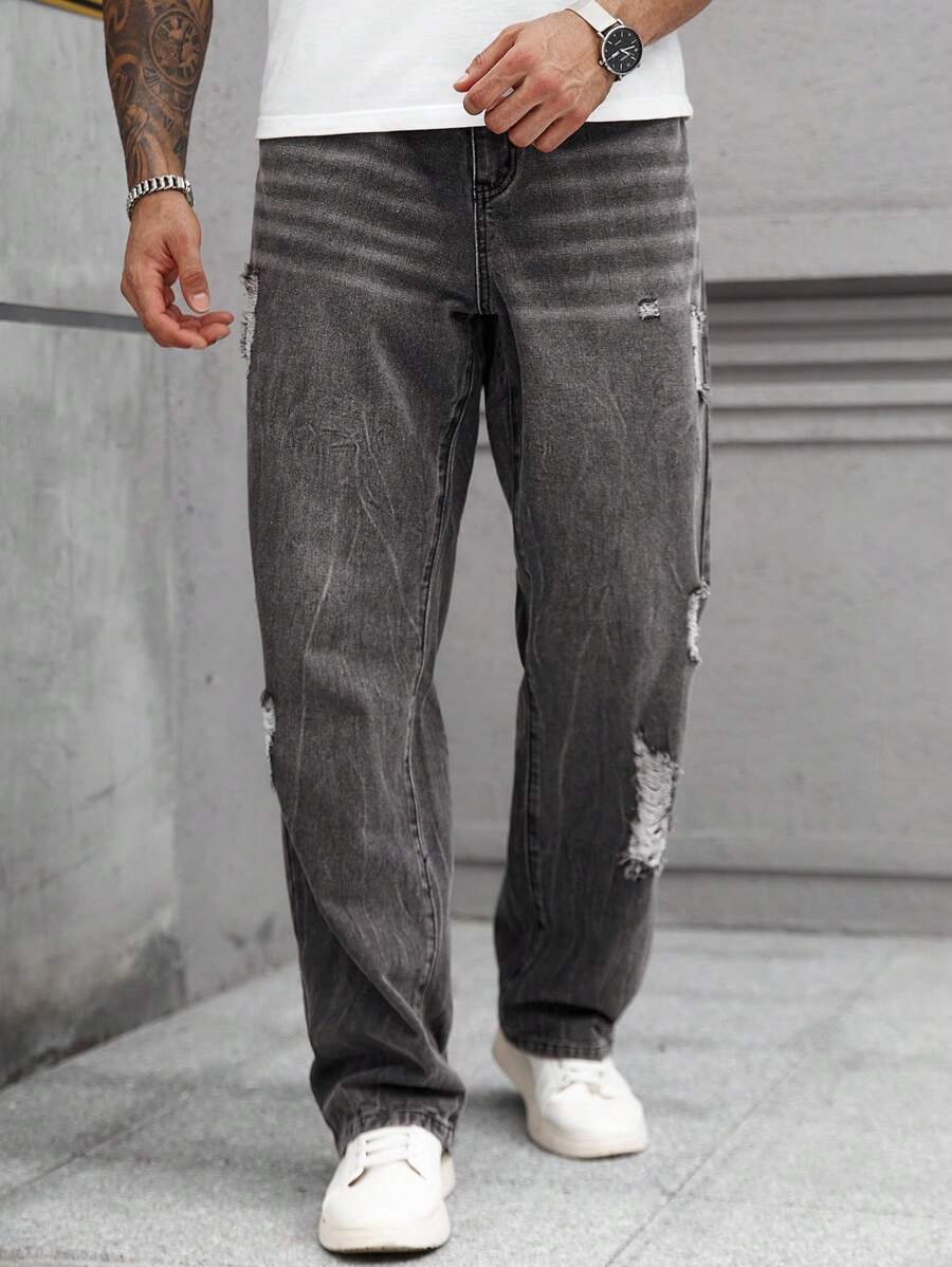 Manfinity Homme Plus Size Men's Street Fashion Casual Distressed Floral Embroidery Dark Grey Denim Jeans - Dark Grey - View 1