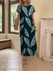 SHEIN LUNE Casual Minimalist Versatile Fresh Leaf Print Pattern Women's Dress, Spring/Summer Suitable For Going Out - Multicolor - View 5