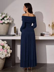 Modelyn 女式长款露肩浪漫优雅褶饰修身喇叭下摆时尚连衣裙，春夏 - 藏蓝色 - 查看 2