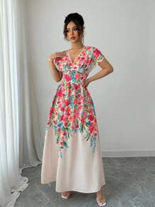 Rafferiza 优雅女士长款印花交叉前襟束腰无袖连衣裙，春夏