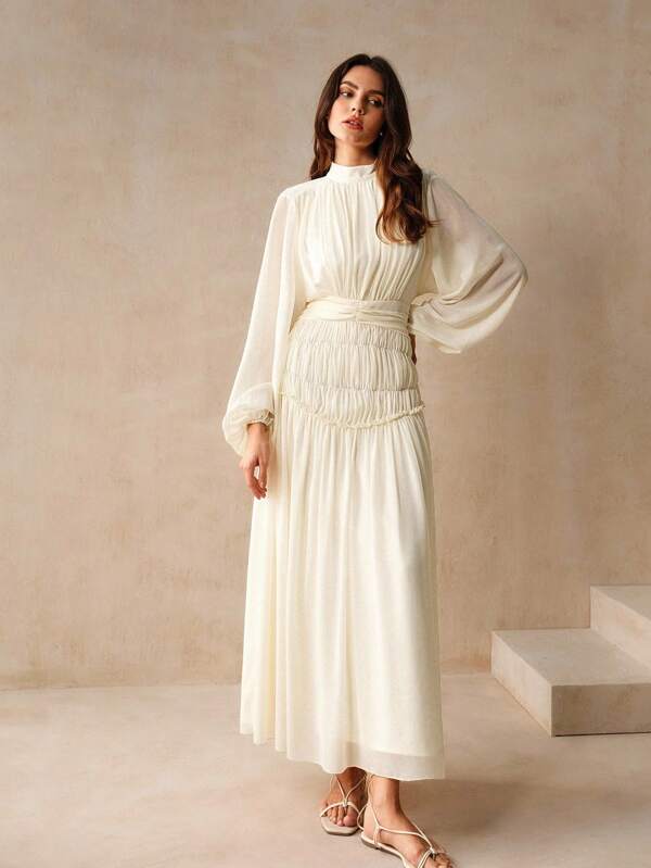 Anewsta Waist Cinching Lantern Sleeve Midi Dress Maxi Women Outfit