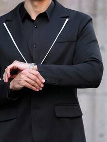 Manfinity Bizformal 男士翻領長袖夾克與長褲休閒黑色西裝套裝，辦公室穿搭、儀式、正式 - 黑色 - 查看 5