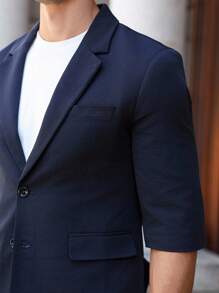 Manfinity Bizformal Traje de blazer y pantalones de cuello de solapa liso de manga 3/4 para hombre - Azul Marino - Ver 6