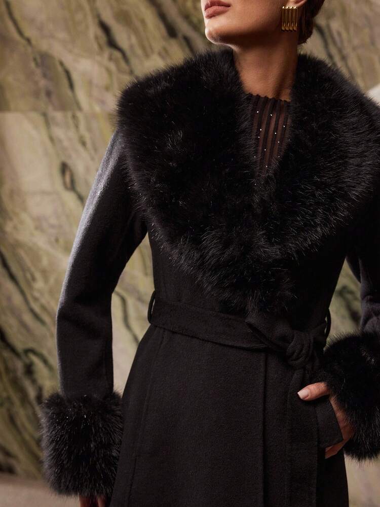 CHIC DETACHABLE FUR COLLAR BELTED DOUBLE-FACED WOOL COAT, AUTUMN/WINTER