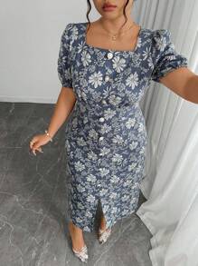 Modelyn Plus Size Elegant Jacquard Puff Sleeve Dress For Summer - Blue - View 3