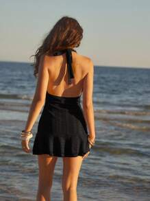 Aralina Women's Solid Color Backless Halter Mini Dress, Suitable For Vacation & Beach - Black - View 2