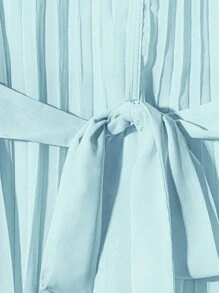 Franclia 女士加大码优雅纯色 V 领褶皱面料腰带蝴蝶结装饰褶皱中长裙和休闲衬衫两件套，度假休闲设计 - 淺藍色 - 查看 6