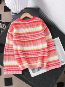 Suéter casual de manga acampanada con rayas de colores contrastantes de estilo nórdico minimalista para niñas preadolescentes, adecuado para vacaciones, regreso a clases, reuniones familiares, Halloween, Año Nuevo, Acción de Gracias, Navidad - Naranja Quemada - Ver 2