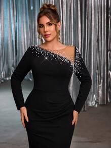 Glamrae Große Größen elegantes luxuriöses schwarzes Kleid mit Strass + Perlendesign, Langarm, elastisch, gerafft im Meerjungfrauenstil, geeignet für Hochzeiten, Singles-Partys, Urlaub, Bälle, formelle Anlässe (strapazierfähig)