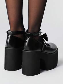 ROMWE Grunge Punk 女士高跟玛丽珍鞋，朋克风格，铆钉，金属扣和蝴蝶结设计，黑色厚底高跟鞋，适合派对、日常穿着、晚礼服，增高显腿长，舒适百搭 - 黑色 - 查看 5