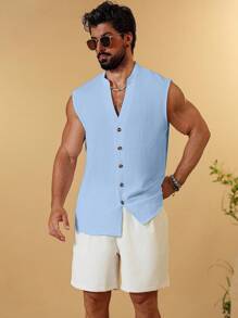 Manfinity RSRT Camisa de verano de un solo pecho de unicolor para hombre, ropa exterior sexy - Celeste - Ver 4