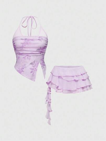 Fairycore Women's Romantic Vacation Halter Mesh Tank Top & Super Low Waist Ruffle Mini Skirt 2 Pieces Set