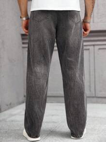 Manfinity Homme Plus Size Men's Street Fashion Casual Distressed Floral Embroidery Dark Grey Denim Jeans - Dark Grey - View 2