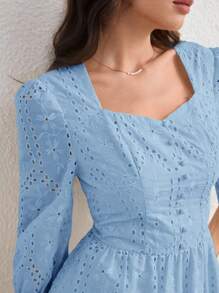 Modelyn 女式长款花卉刺绣泡泡袖方领优雅浪漫连衣裙，春夏 - 藍色 - 查看 6