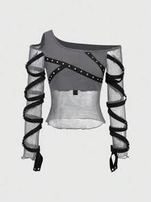 ROMWE Grunge Punk 朋克摇滚铆钉网眼镂空肩部女式 T 恤，音乐节，夏季