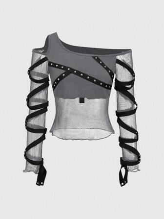 Grunge Punk Maglietta da donna in stile punk rock, con spalle traforate e borchie, adatta per festival musicali estivi