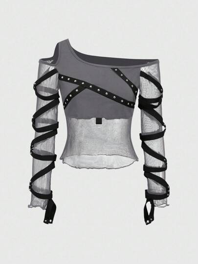 Grunge Punk Punk Rock Nieten Mesh Cut-Out Schulter Damen T-Shirt, Musikfestival, Sommer