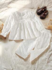 SHEIN 2件套女婴春秋休闲风格套装花朵刺绣长袖上衣和长裤 - 白色 - 查看 1