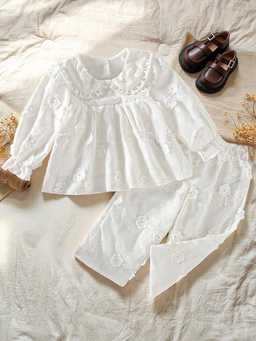 SHEIN 2件套女婴春秋休闲风格套装花朵刺绣长袖上衣和长裤 - 白色 - 查看 1