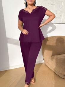 DUSKBASE Plus Size European & American Design Hollow Lace Patchwork Notch Neck Women Casual Sleepwear Set, Outfits - Red Violet - View 5