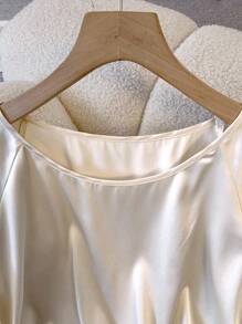 Franclia 女式优雅圆领插肩短袖弹力缎面抽绳下摆衬衫，春夏 - 杏色 - 查看 6