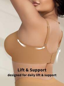 1pc Women Plus Size Jelly Soft Support Wireless Gather Bra Deep V Bra Deep Plunge Bra Bralettes For Women Plus Size Bra Push Up Bra Deep V Neckline Bra Plus Size Bralettes Plus Size Push Up Bra - Camel - View 3