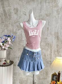 Attitoon 女士毛边褶皱牛仔A字中长裙，夏季休闲街头风超低腰褶皱牛仔裙，做旧复古水洗工艺，饰有装饰链条，Y2K风格裙装，返校季，乡村音乐会，生日，可爱夏日裙装，颓废风裙装，锐舞派对，趣味裙装，机场，夏威夷，街头女装，Y2K女装，裙子，复古女装，辣妹风裙装，牛仔风 - 淺色水洗藍 - 查看 3