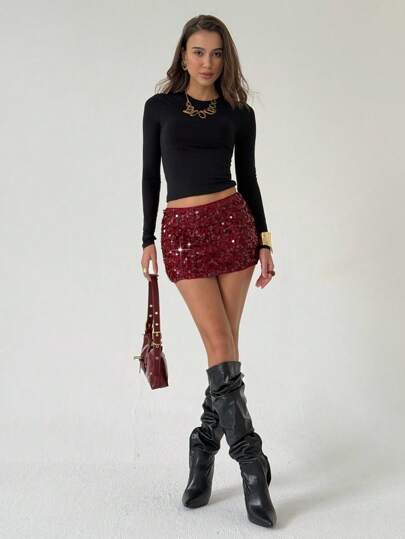 Aloruh Women's Low Waist Sequin Bodycon Mini Skirt, Suitable For Party And Music Festival Thanksgiving