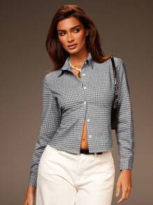 Athîral Women's Casual Commuter Plaid Cropped Shirt,Fall Women Tops, Women Blouses, Preppy Tops - Multicolor - View 4