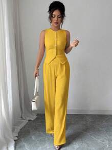 Elenzga 女士时尚纯色纹理优雅办公室服装，包括纽扣式无袖修身背心和高腰宽松阔腿裤