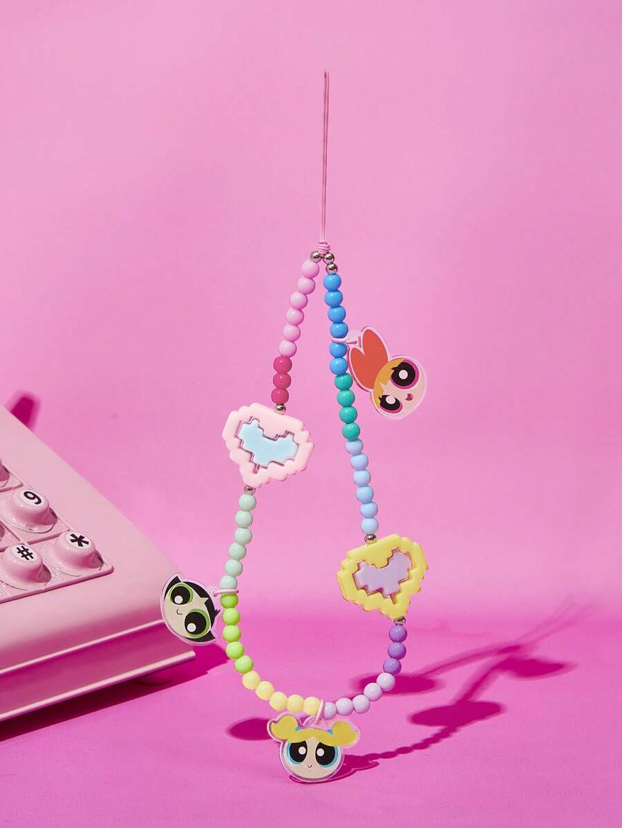 THE POWERPUFF GIRLS X SHEIN 花朵、泡泡、毛茛图案心形串珠挂绳手机挂饰，适用于所有手机壳，毛茛花朵泡泡，情人节