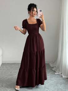 Elenzga 女士优雅长裙，独特领口，多层拼接，荷叶边，修身设计/垂坠/分层/假日装扮/波西米亚风/浪漫花卉/度假休闲