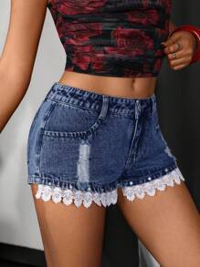 Jeanoix Women's Y2K Casual Lace Trim Distressed Denim Shorts, Summer