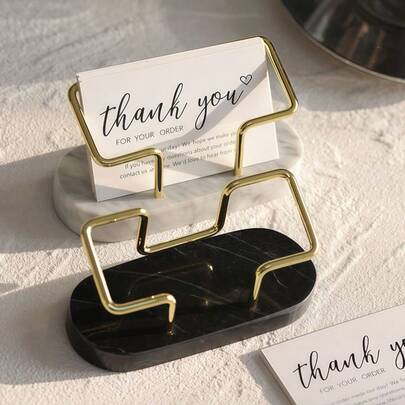 [Luxury Marble Business Card Holder] Golden Luxury Marble Business Card Holder - Elegant Desktop Name Card Clip For Office & Front Desk, Ideal For Conference Gifts