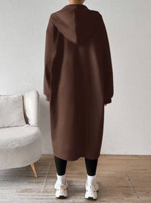 SHEIN EZwear Women's Brown Mid-Length Hooded Jacket With Thermal Lining, Autumn/Winter New Arrival - Brown - View 2